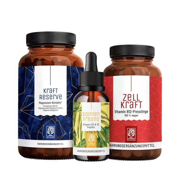 Sonnenkraft Paket: Magnesium, Vitamin D3 + K2 & Vitamin B12 in einem veganen Bundle - KRAFTRESERVE, SONNENFREUND & ZELLKRAFT - NATURTREU®  g