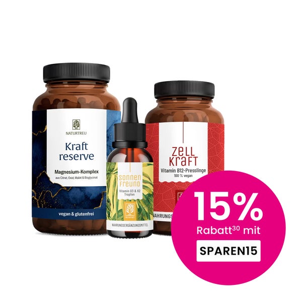Sonnenkraft Paket: Magnesium, Vitamin D3 + K2 & Vitamin B12 in einem veganen Bundle - KRAFTRESERVE, SONNENFREUND & ZELLKRAFT - NATURTREU® 277.4 g