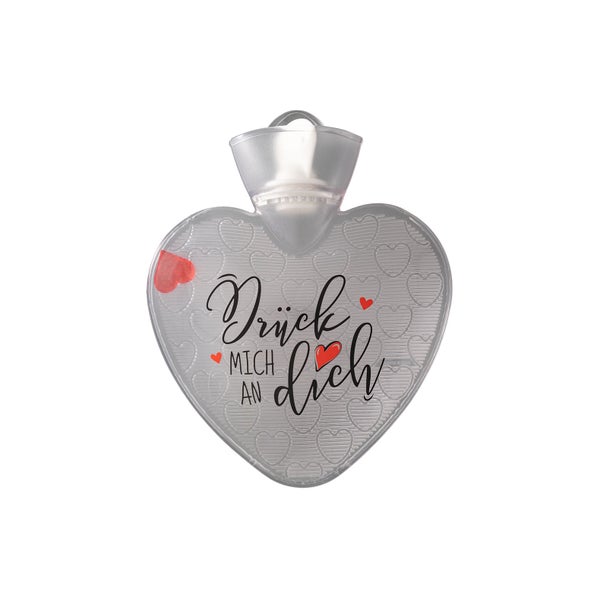 Wärmflasche Herz 1,0 l transparent mit Druck "Drück mich an Dich" und Herzeinlage