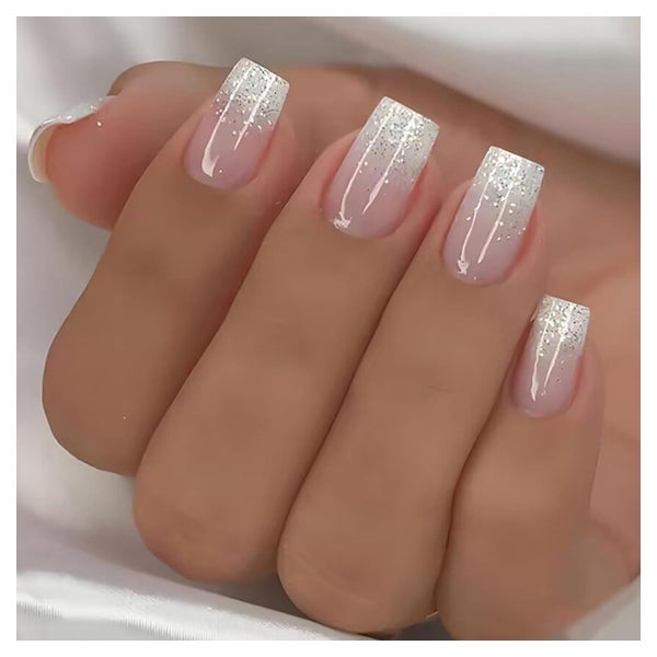 Falsche Nägel Mittel Eckig French Acryl Glitzer Rosa Weiß Fa 1 St