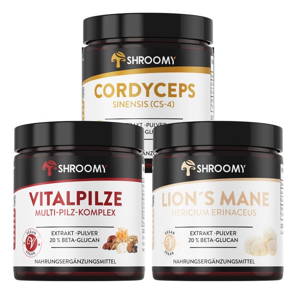 SHROOMY Lions Mane, Cordyceps, Vitalpilze Extrakt Pulver Set 3x70 g