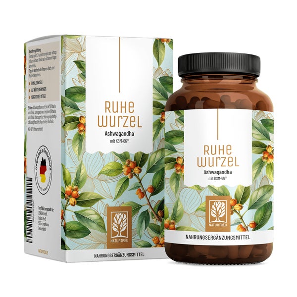 Ashwaqandha Komplex: Hochwertiger KSM-66® Ashwagandhawurzel-Extrakt & Aswagandhawurzelpulver (Withaia somnifera) mit Vitamin B3 - RUHEWURZEL - 120 vegane Kapseln - NATURTREU® 120 St