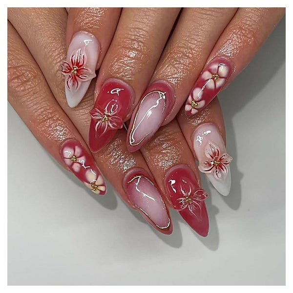 Künstliche Fingernägel Kurz Almond Rosa Rot 3D Blumen Gold F 1 St