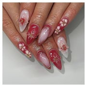 Künstliche Fingernägel Kurz Almond Rosa Rot 3D Blumen Gold F 1 St