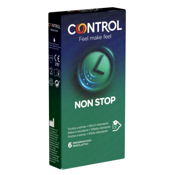 Non Stop – 6 gerippte und genoppte Kondome mit Benzocain (6 Kondome) 6 St