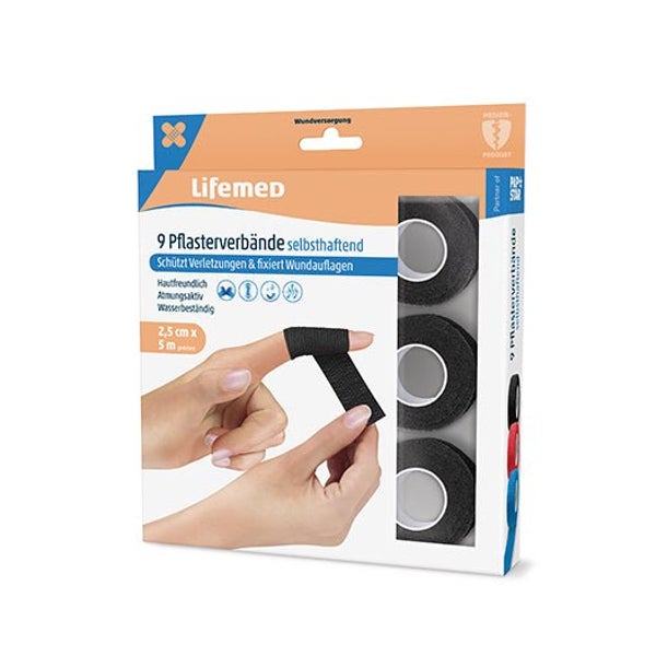 Lifemed Pflasterverbände selbsthaftend 5 m x 2,5 cm schwarz, 12 x 9 Stück 540 m