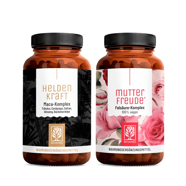 Familienwunsch-Paket: Maca für den Mann & Mönchspfeffer + Folsäure für die Frau in einem veganen Bundle - MUTTERFREUDE & HELDENKRAFT - NATURTREU® 93.3 g