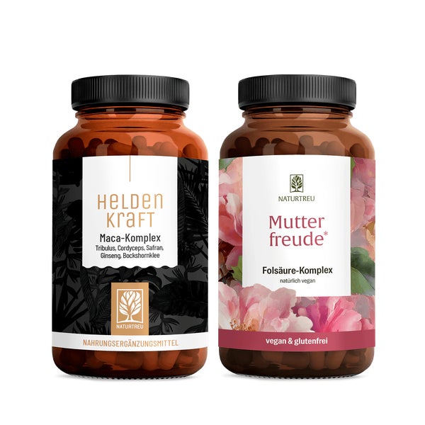 Familienwunsch-Paket: Maca für den Mann & Mönchspfeffer + Folsäure für die Frau in einem veganen Bundle - MUTTERFREUDE & HELDENKRAFT - NATURTREU® 93.2 g
