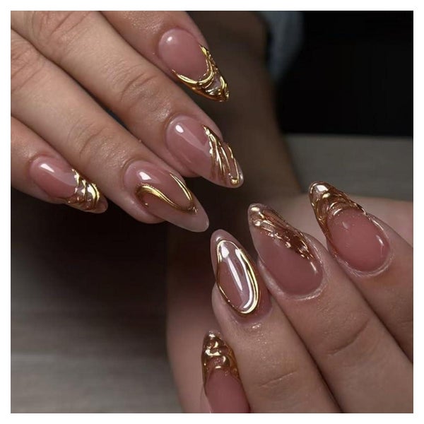 Künstliche Nägel Mandel Rosa French 3D Gold Nagelkleber AKD3 1 St