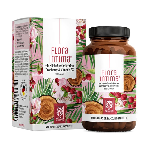Milchsäurebakterien mit Cranberry & Vitamin B3 - Kulturen mit 100 Mrd. KbE/g - 7 Lactobacillus Stämme - FLORAINTIMA - 60 vegane Kapseln - NATURTREU® 60 St