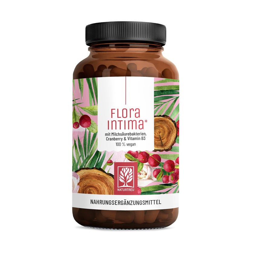 Milchsäurebakterien mit Cranberry & Vitamin B3 - Kulturen mit 100 Mrd. KbE/g - 7 Lactobacillus Stämme - FLORAINTIMA - 60 vegane Kapseln - NATURTREU® 60 St