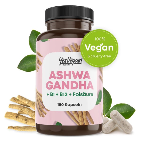 Ashwagandha Kapseln (180 Stück) hochdosiert mit Ashwagandha hochdosiert, Vitamin B12 B1 B7 2 x 180 St