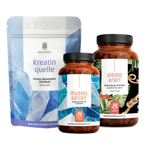 Kreatin, Magnesium & Aminosäuren für Muskeln & Leistung in einem veganen Paket - RUNDUM FIT Sparkpaket - KREATINQUELLE, MUSKELRATION & AMINOKRAFT - NATURTREU® 761 g