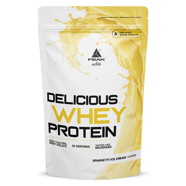 PEAK Delicious Whey Protein - 900g - Geschmack Spaghetti Ice Cream I 30 Portionen I Pulver I Proteinquelle: Molkenprotein Konzentrat + Isolat I ohne Zuckerzusatz I mit Verdauungsenzym Laktase