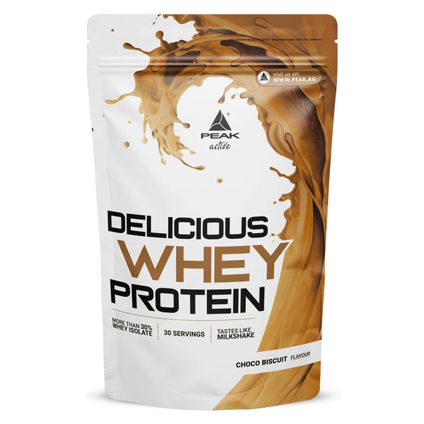 PEAK Delicious Whey Protein - 900g - Geschmack Choco Biscuit I 30 Portionen I Pulver I Proteinquelle: Molkenprotein Konzentrat + Isolat I ohne Zuckerzusatz I mit Verdauungsenzym Laktase