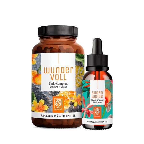 AUGENWEIDE WUNDERVOLL Paket: Zink aus drei Zinkformen & Vitamin A Tropfen in einem veganen Bundle - NATURTREU®  g