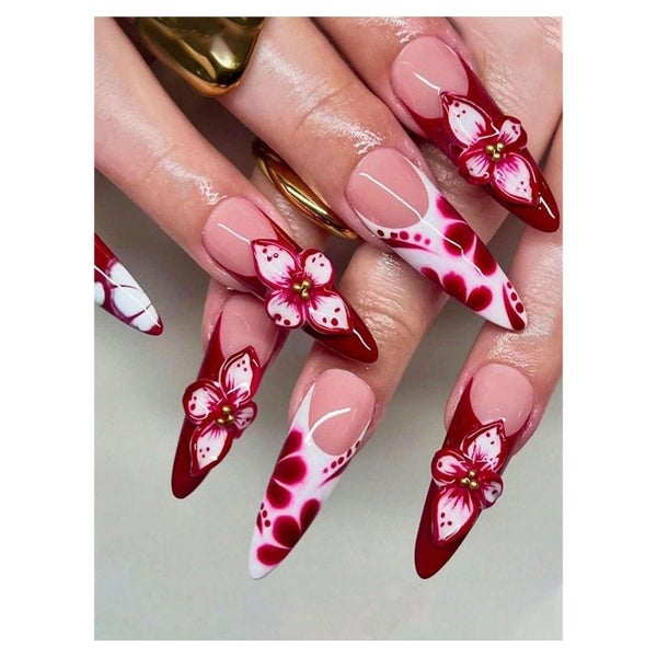 Nägel zum Aufkleben kurz Mandel rosenrot French 3D Blumen mi 1 St