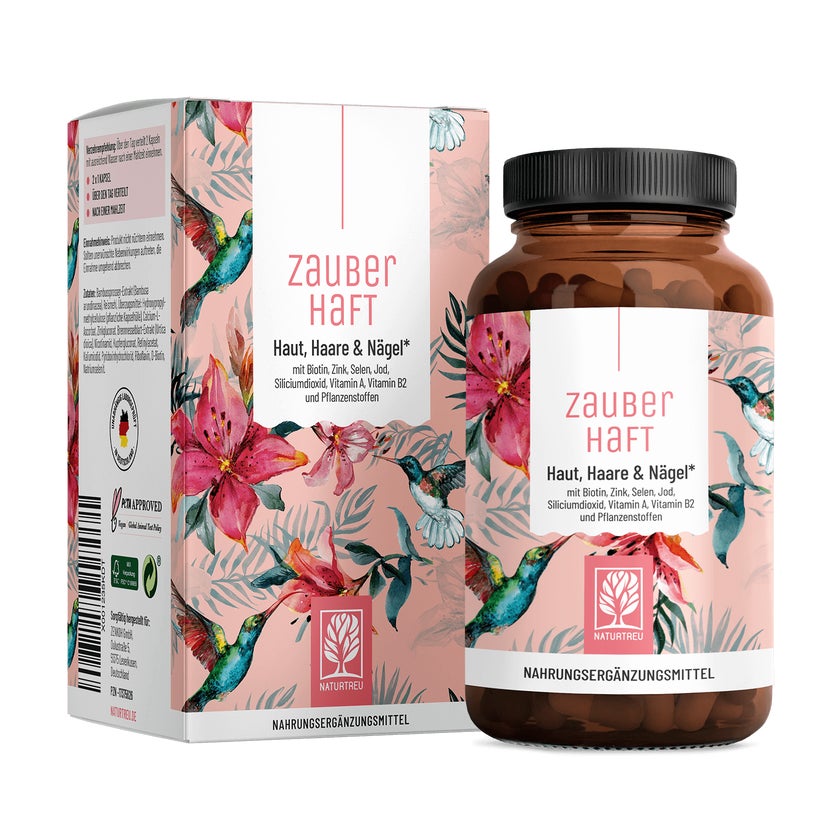 Beauty Komplex für Haut, Haare und Nägel mit Biotin, Selen, Jod, Zink, Vitamin A, B2 & Siliciumdioxid - ZAUBERHAFT - 360 vegane Kapseln - NATURTREU® 3 x 120 St