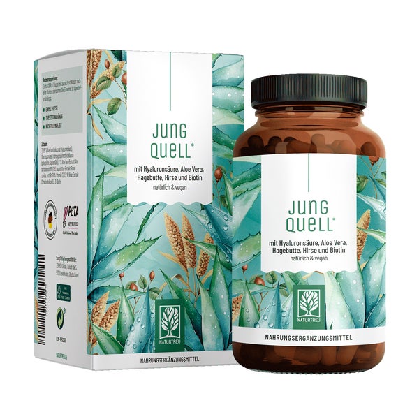 Hyaluronsäure Komplex mit Aloe Vera, Hirse Hagebutte & Biotin - JUNGQUELL - 90 vegane Kapseln - NATURTREU® 90 St