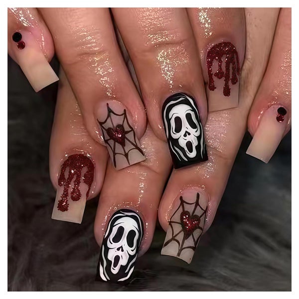 Künstliche Nägel 24er quadratisch schwarzrot Totenkopf zum A 1 St
