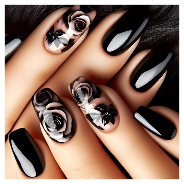 Künstliche Fingernägel Kurz Ballerina Gothic Schwarz Rose DB 1 St