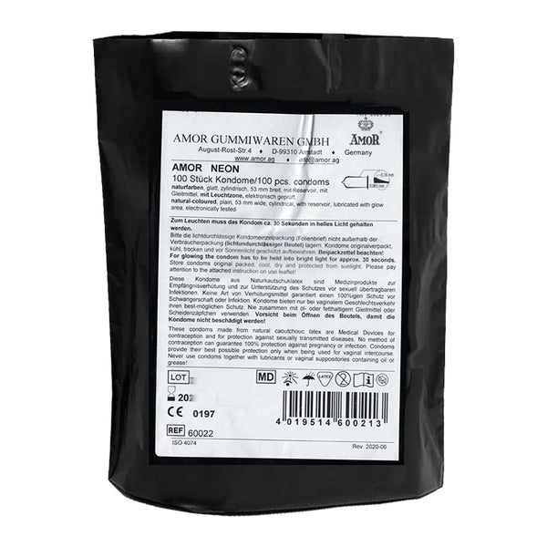 «Neon» – 100 fluoreszierende Kondome, 54 mm breit, leuchten (100 Kondome) 100 St