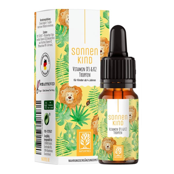 Vitamin D3 & K2 Tropfen für Kinder ab 4 (500 I.E.) - SONNENKIND - NATURTREU® 2 x 10 St