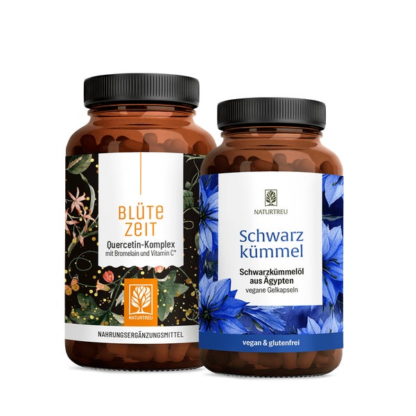 Frühlingsbegleiter Paket Schwarzkümmelöl Quercetin Bromelain - SCHWARZKÜMMEL & BLÜTEZEIT vegan natürlich made in Germany - NATURTREU® 148.4 g
