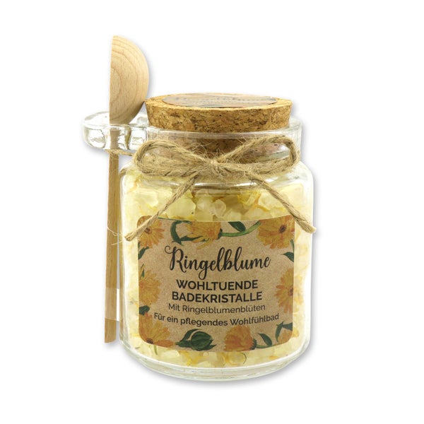 Florex Badesalz Ringelblume grob mit Schafmilch im dekorativen Glas mit Holzlöffel 300 g