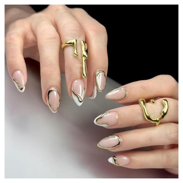 Künstliche Fingernägel Almond Nude Kurz French Weiß 3D Gold 1 St