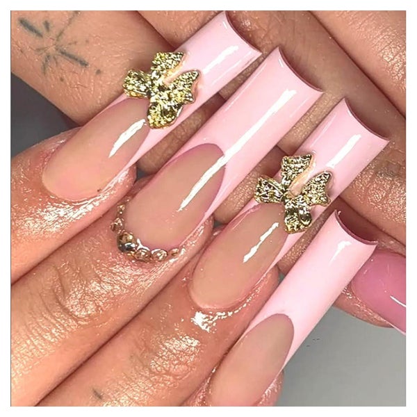 Fake Nails Square French Nude 3D Schleife Diamant Y2K LO-B7 1 St