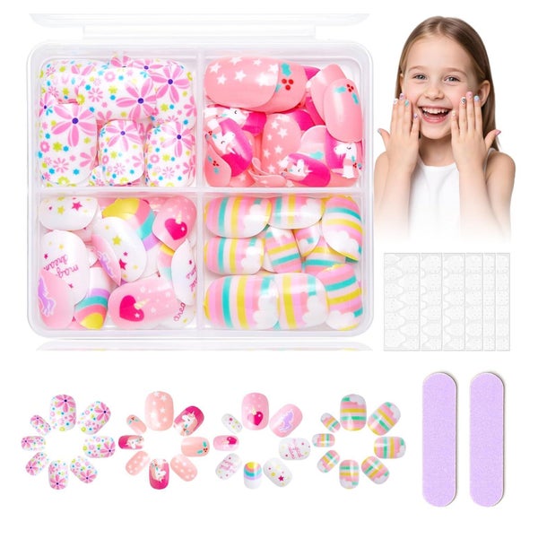 Virellay 96 PCS Kinder Fake Nägel zum Aufkleben - Süße Designs mit Gelee Kleber