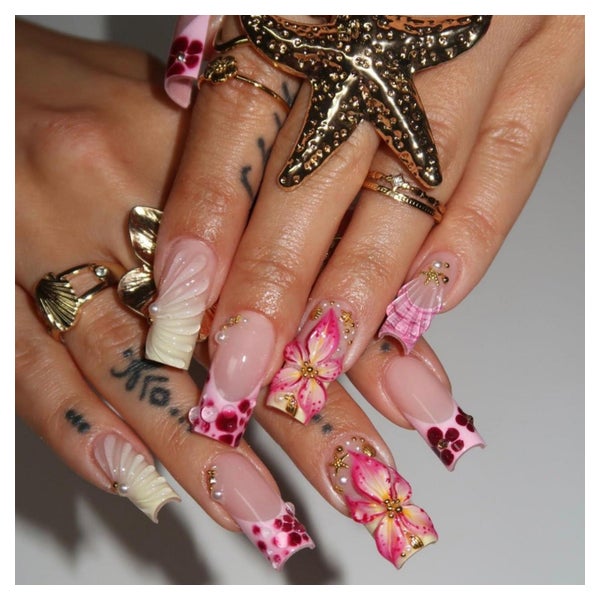 Press on Nails Lang Square Rosa French 3D Blumen Perle BL33 1 St