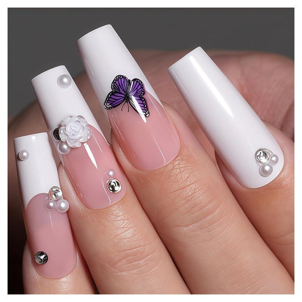 Kunstnägel Coffin French Tip 3D French White Butterfly 1 ml 1 St