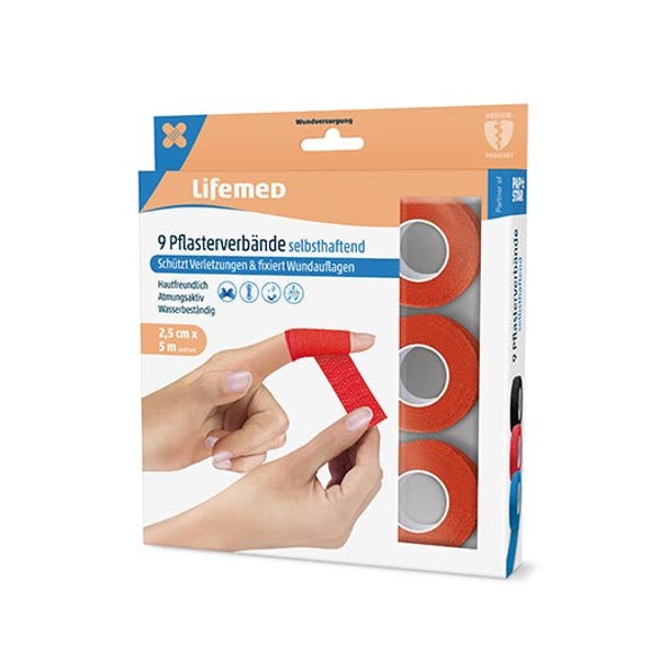 Lifemed Pflasterverbände selbsthaftend 5 m x 2,5 cm rot 9er Pack, 12 x 9 Stück 540 m