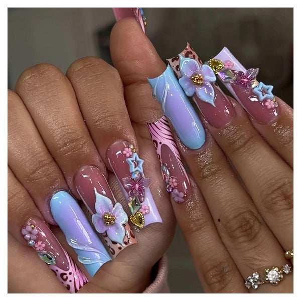 Press On Nails Square 3D French Leopard Hibiscus Crystal LO- 1 St