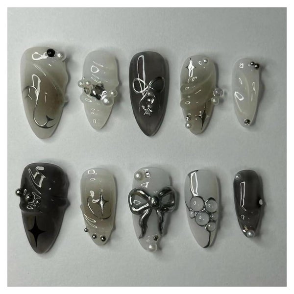 Fingernägel Kurz Almond Schwarz 3D Stern Perle Nagelkleber A 1 St