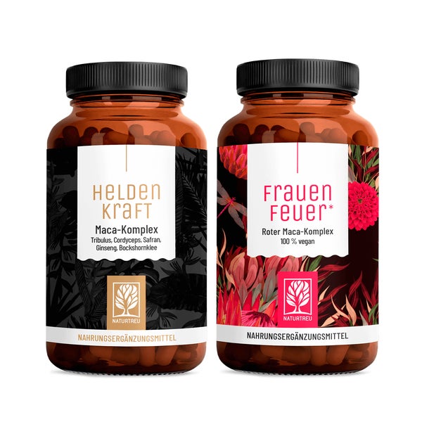 Leidenschaft-Paket: Roter Maca für die Frau & Maca für den Mann in einem veganen Bundle - FRAUENFEUER & HELDENKRAFT - NATURTREU®  g