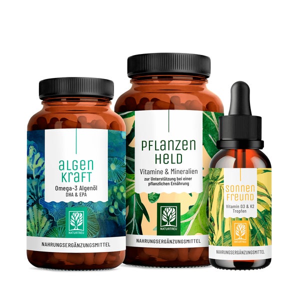 Pflanzliche-Ernährung-Paket: DHA + EPA Algenkulturen, Mikronährstoffe & Vitamin D3 + K2 in einem veganen Bundle - ALGENKRAFT, PFLANZENHELD & SONNENFREUND - NATURTREU® 175.2 g