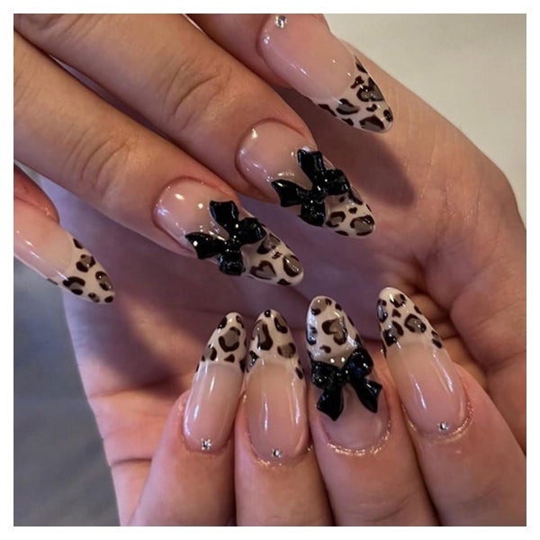 Nägel Leopard Press On French 3D Schleife Braun Mandel almon 1 St