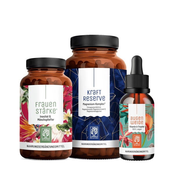 Frauengesundheit-Paket: Mönchspfeffer + Inositol, Vitamin A & Magnesium in einem veganen Bundle - FRAUENSTÄRKE, KRAFTRESERVE & AUGENWEIDE - NATURTREU®  g