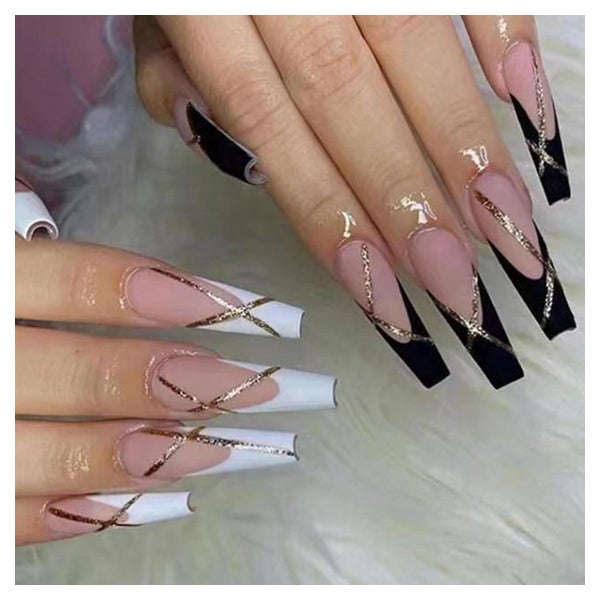 24 Swirl Press on Nails Schwarz Weiß French Künstliche Nägel 1 St