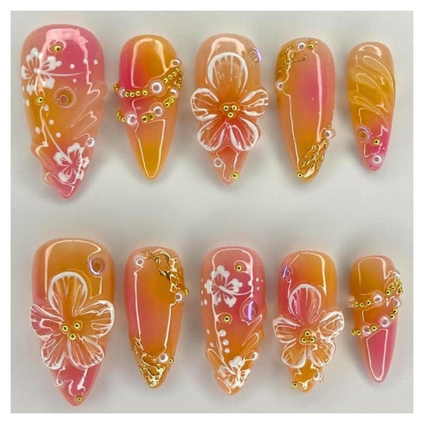 Press On Nails Kurz Almond Rosa Gelb Airbrush 3D Hibiskus WG 1 St