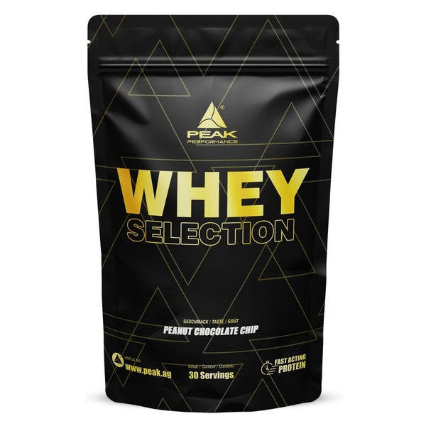 PEAK Whey Selection - 900g - Geschmack Peanut Chocolate Chip I 30 Portionen I für Muskelaufbau I Proteinquelle: Whey Konzentrat, Isolat, Hydrolysat + freies L-Leucin I mit Laktase