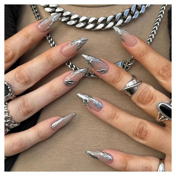 24 Stück Künstliche Mandel Nägel Glänzend 3D Silber French T 1 St