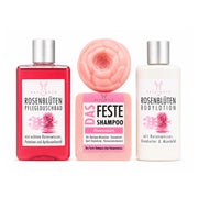 Haslinger Geschenkset Rosenblüten – Duschbad, Bodylotion, Seife & festes Shampoo 470 ml