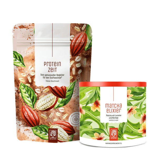 Genusszeit Paket: Matcha mit Lucuma & Moringa und Proteine & Ballaststoffe als Getränkepulver in einem veganen Bundle - MATCHAELIXIER & PROTEINZEIT - NATURTREU®  g
