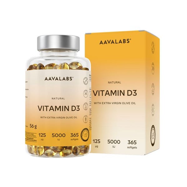 Aavalabs Vitamin D3 5000 IE mit Olivenöl, 365 Softgels 365 St