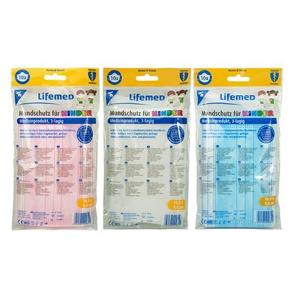 Lifemed Kinder-Mundschutz 3-lagig 9,5 x 14,5 cm farbig sortiert mit Nasenbügel 10 St